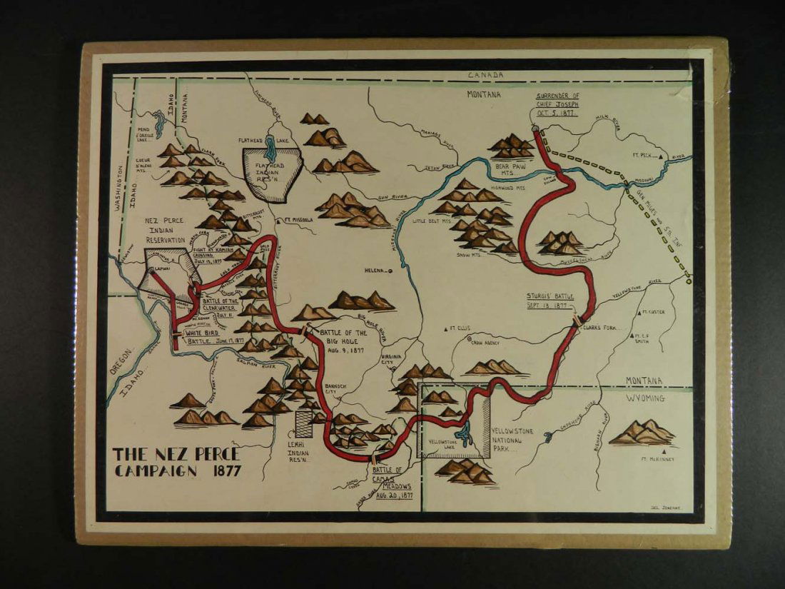 Jeneary Painted Map Nez Perce Campaign in 1877: Art,Painting,Watercolor On Paper,Jeneary Painted Map Nez Perce Campaign in 1877,Nicely done original map of the Nez Perce Campaign.,,17H_22 14W