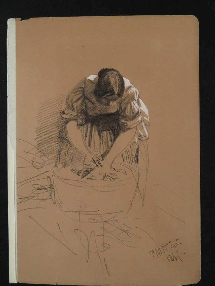 1847 Master Drawing Woman Over Kettle: Art,Drawing,Charcoal w/ Gouache,1847 Master Drawing Woman Over Kettle,Extremely fine quality drawing with prominent yet illegible monogram or signature. ,,12 1/4H_8 3/4W