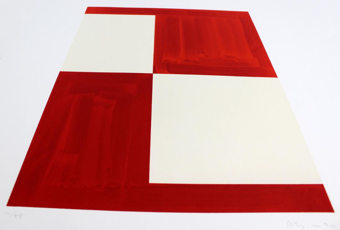 Unframed Andrew Spence Colored Etching and Aquatint: For your consideration is a red and white print, signed by Andrew Spence numbered 15/48, dated 1992. In excellent condition. The dimensions are 22.5" W x 29" H. Andrew Spence 1947, is known for abstra