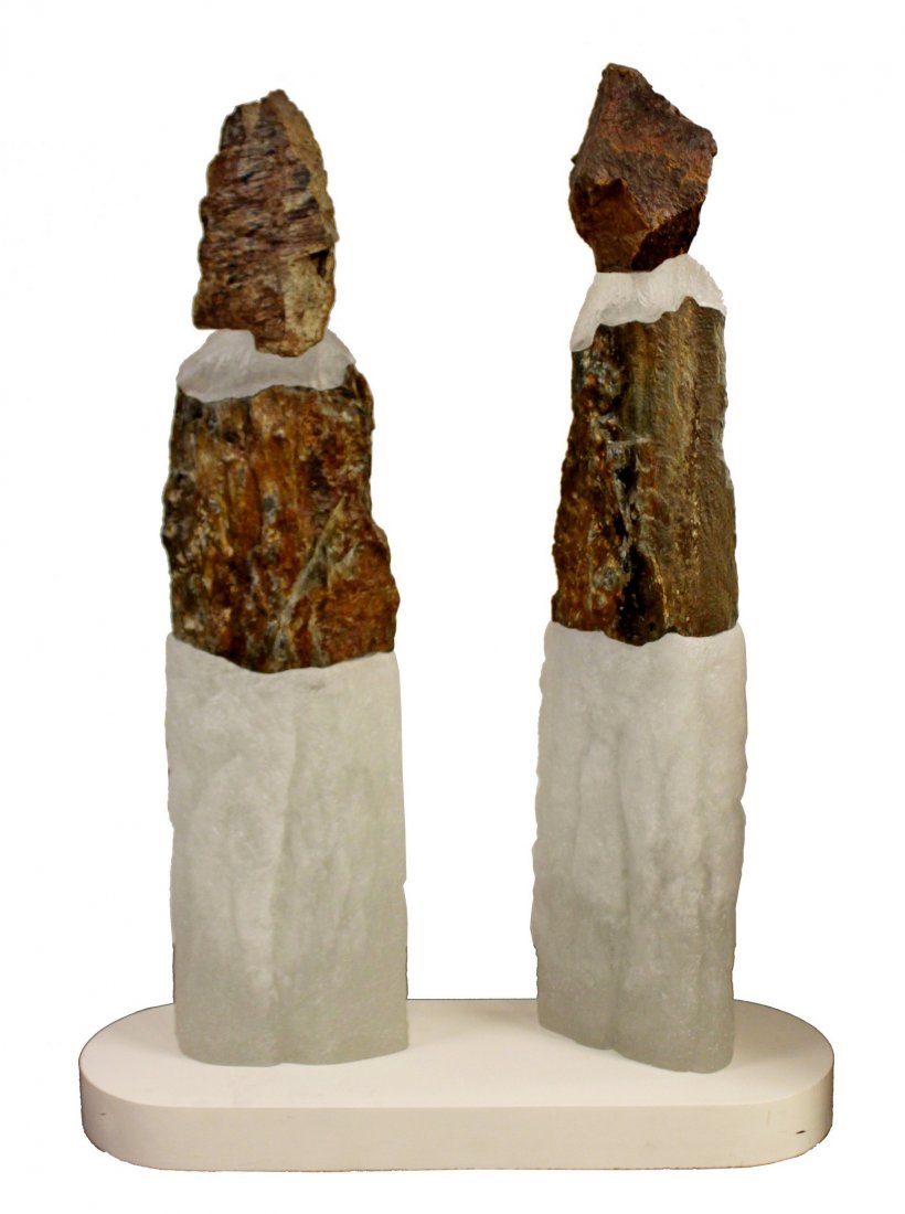 Thomas Scoon "The Couple" Cast Glass & Stone Sculptures: For your consideration is a pair of Thoma's Scoon's "Mates" or "The Couple," floor sculptures, circa 1999. These kiln-cast glass and slate pieces were inspired by the monolith sculptures on Easter Isl