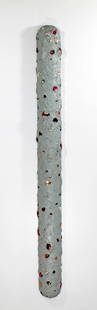 John Torreano Oil w Jewels on Wood Hanging Sculpture: For your consideration is an untitled, hanging wall sculpture, made of gray oil with glass jewels on wood, by John Torreano in 1975. In excellent condition. The dimensions are 4" W x 2.5" D x 45" H.