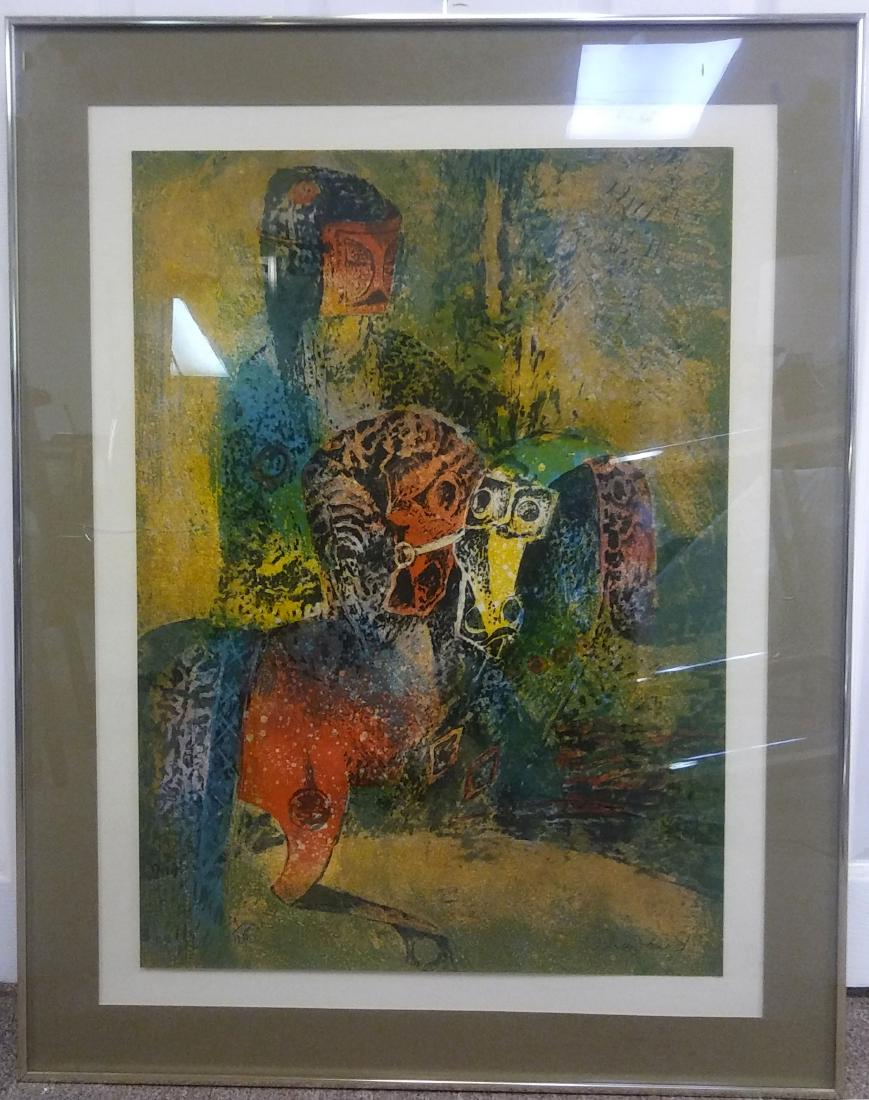 Vintage Framed Signed Horseman Lithograph: For your consideration is a framed, colorful lithograph of a horseman, signed. The dimensions are 29.5" W x 37.5" H.