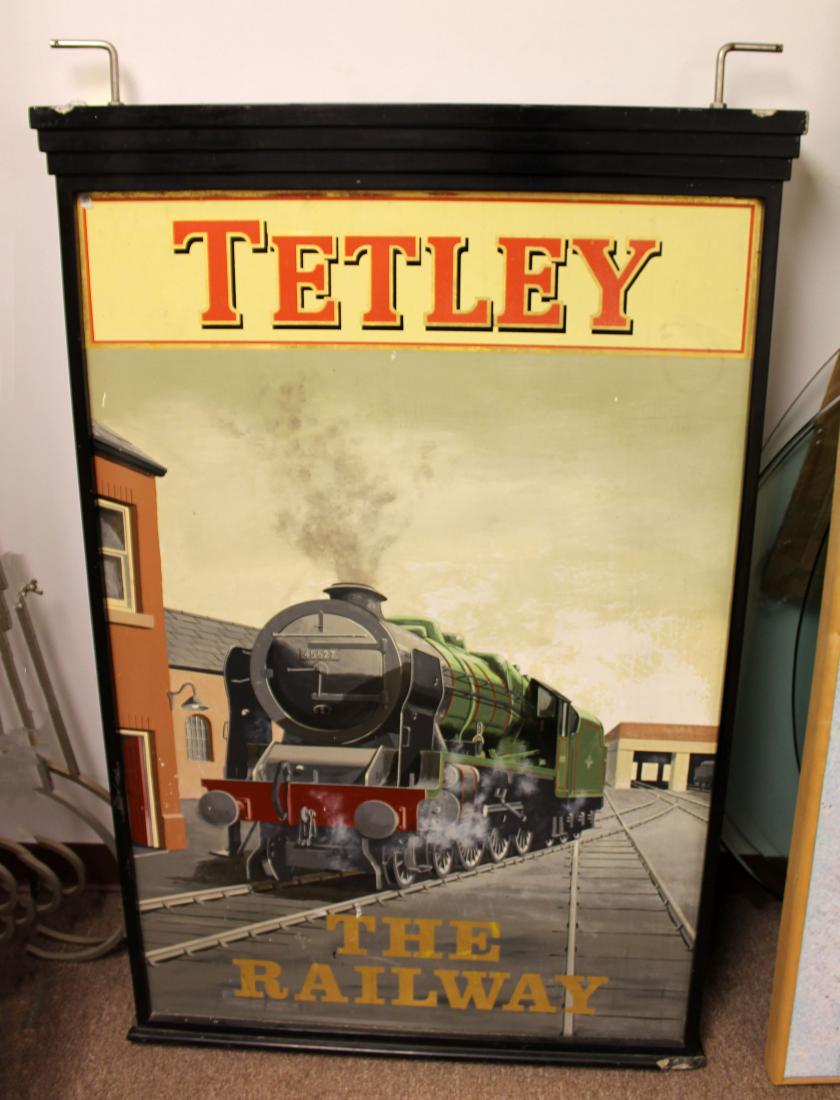 Vintage Modern Large Pub Sign The Railway Heavy: A great conversation piece for your consideration an original pub sign with the words "Tetley" and "The Railway". Hand painted along with the intricately detailed train. This item was obviously painte