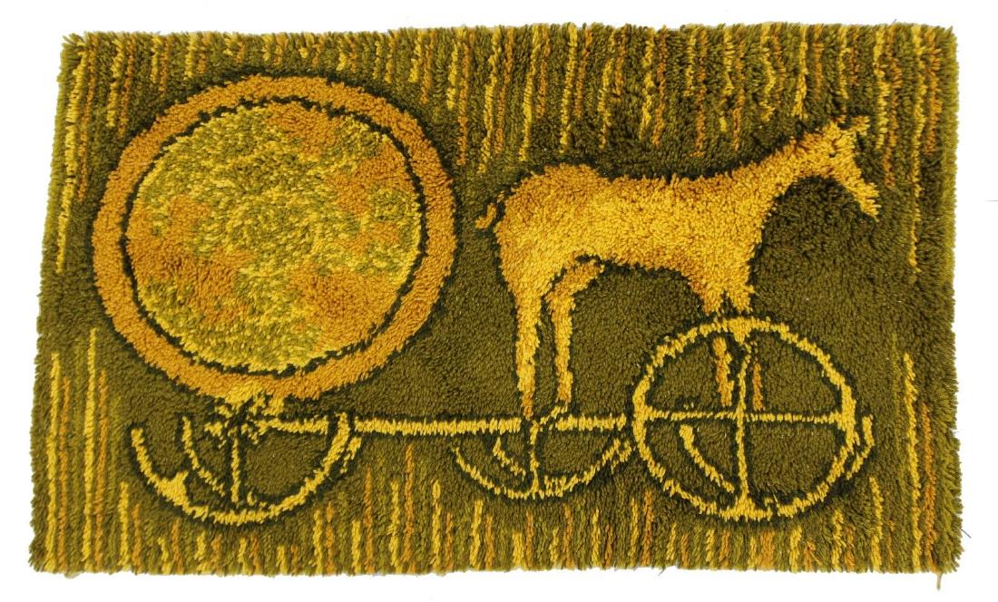 Green Yellow Fiber Art of Horse Carriage Area Rug 1970s: For your consideration is a fantastic area rug and piece of fiber art, depicting a horse drawn carriage, circa the 1970s. In excellent condition. The dimensions are 48" (4') W x 28" H.