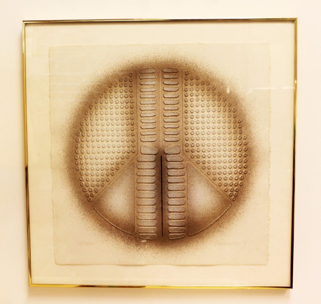Paul Maxwell Peace Sign Cast Paper Textured Art 1980: For your consideration is an inspiring piece of cast paper art by Paul Maxwell, depicting a large, brown peace sign, signed and numbered 13/150, circa 1980. In excellent condition. The dimensions of t