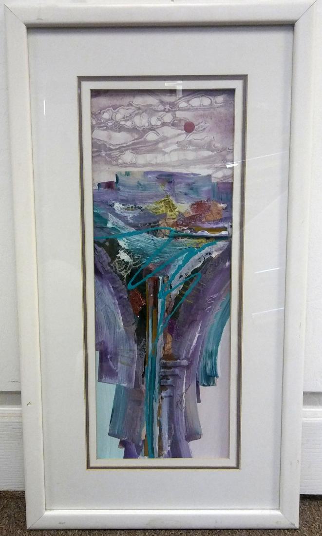 Framed Small Purple Turquoise Abstract Painting: For your consideration is a beautiful abstract painting, in a white frame in excellent condition. The dimensions are 14.5" W x 27" H.