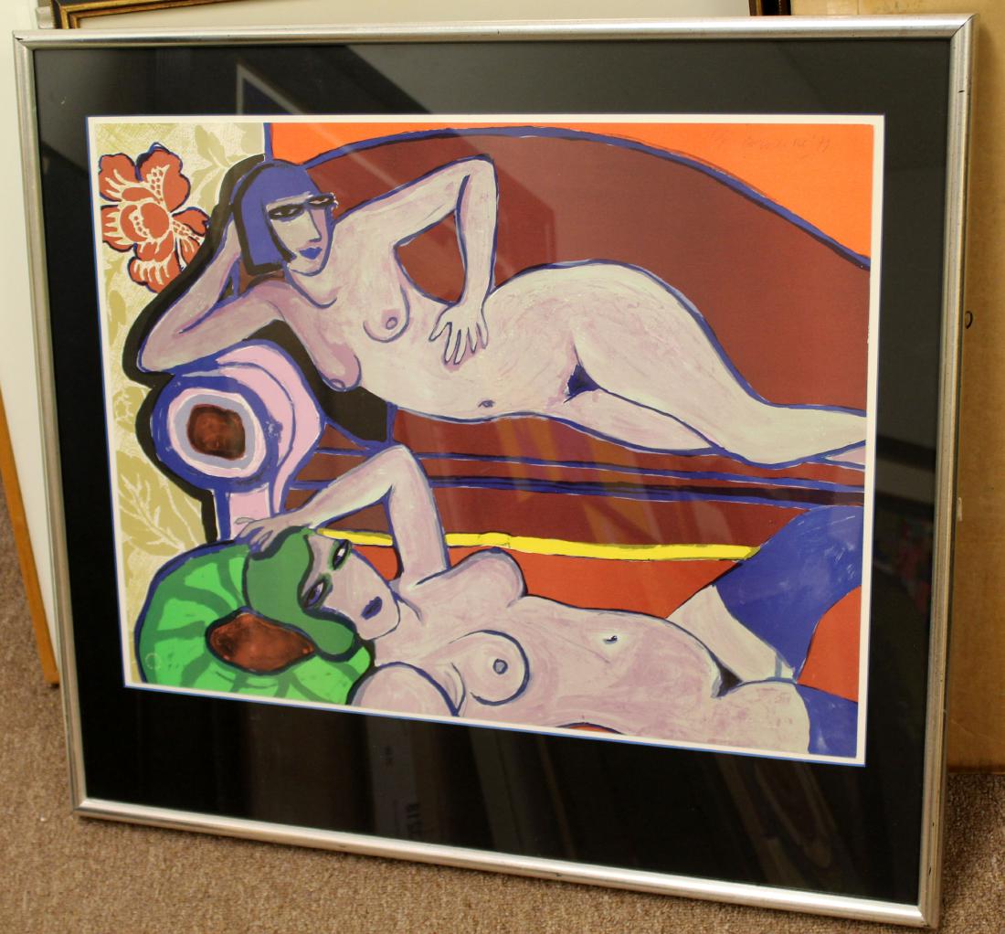 Signed Lounging Nudes Guillaume Corneille 1979 AP: For your consideration is a mesmerizing, framed artist proof of a pair of lounging nudes by Guillaume Corneille, hand signed and dated 1979. The dimensions are 31" W x 28" H.