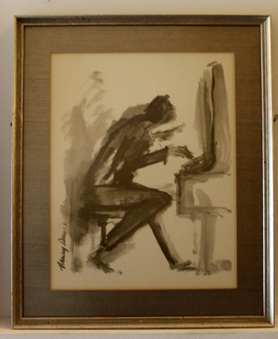Framed Signed Nancy Davis Ink Picture Piano Player (1 of 3)