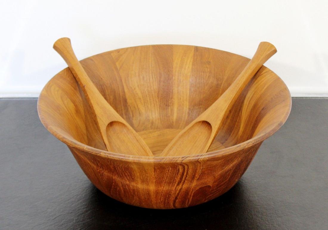 Dansk Thailand Large Wooden Salad Bowl & 2 Utensils: For your consideration is a lovely, large, wooden salad bowl and pair of utensils, by Dansk Thailand, circa the 1960s. In excellent condition. The dimensions of the bowl are 16" Dia x 6" H and the dim