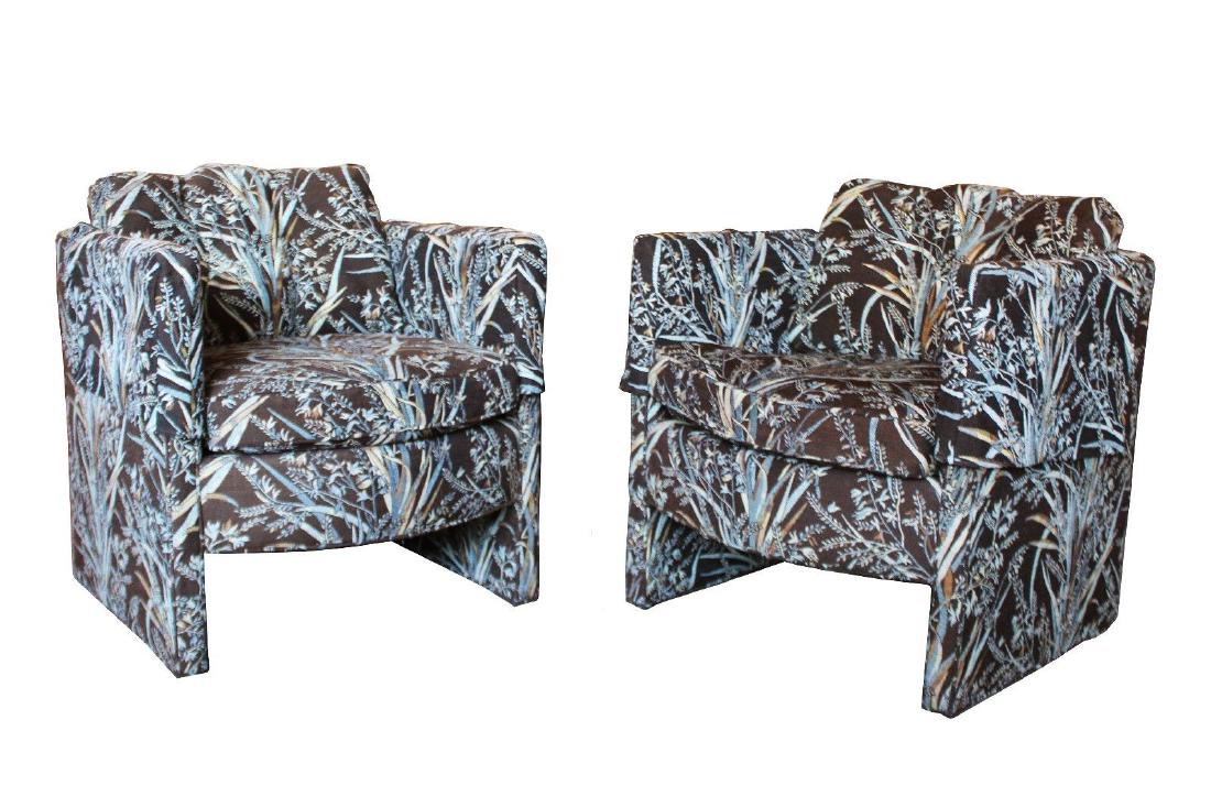 Pair Club Lounge Armchairs Century Furniture Baughman: For your consideration is a stunning pair of Century club chairs in excellent condition. These chairs are upholstered in a sensational woven flaura fabric with gold detailing. They both feature their