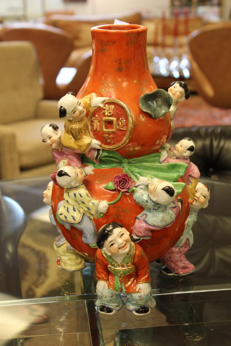 Asian Orange Ceramic Gord Vase Sculpture w Children (1 of 6)