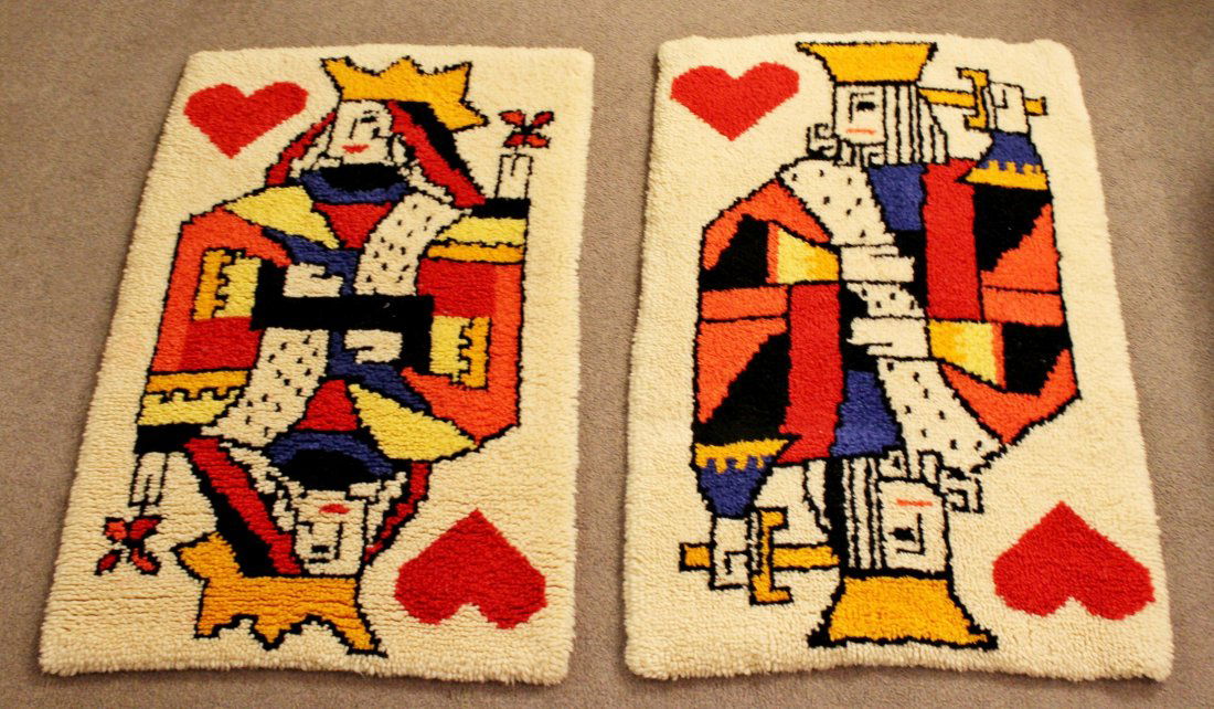 Pair King & Queen of Hearts Area Rugs Textile Fiber Art: For your consideration is a fabulous pair of art rug tapestries, in the design of the King & Queen of Hearts cards. Good condition. The dimensions are 24" (2') W x 39" H.