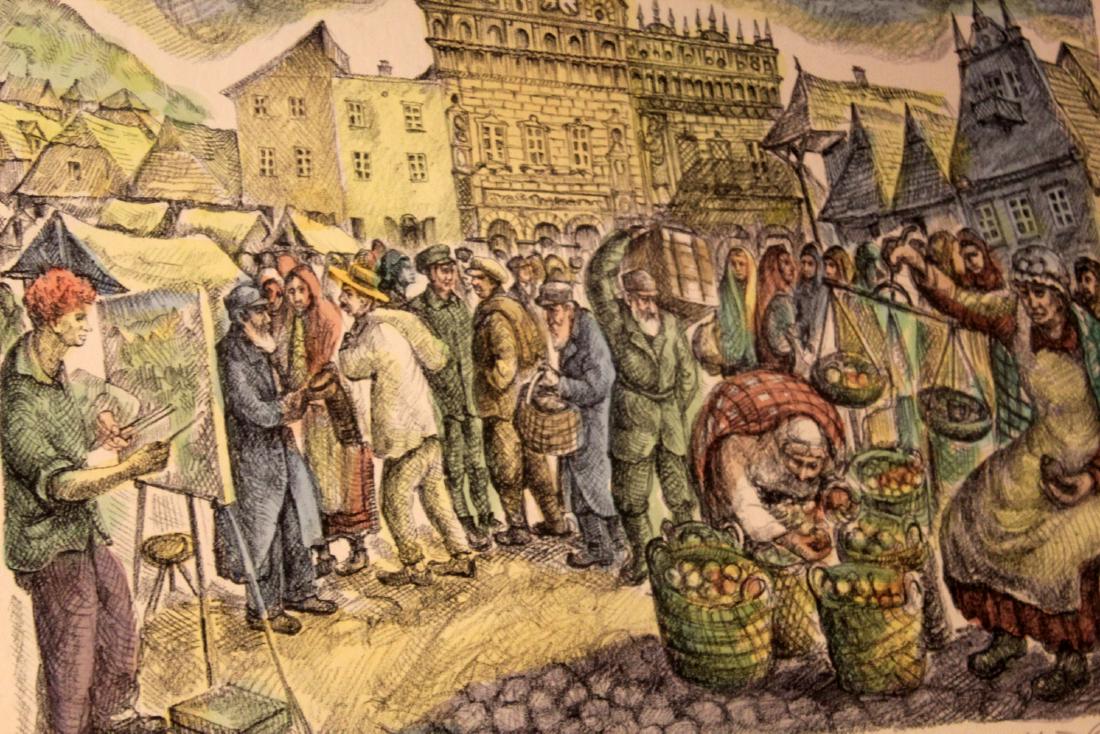 Framed Signed Chaim Goldberg Art Town Village: For your consideration is a framed painting, depicting a village scene, Excellent condition. signed by Chaim Goldberg. The dimensions are 25" W x 19" H.