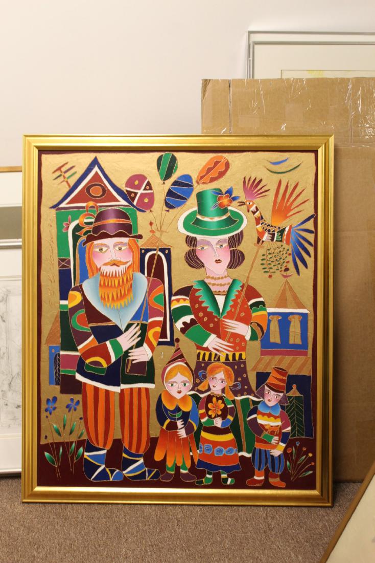 Framed Colorful Family Portrait Signed Gorbachev Orange: For your consideration is a framed painting of an eccentric family, signed Gorbachev.Excellent condition. The dimensions are 33" W x 39" H.