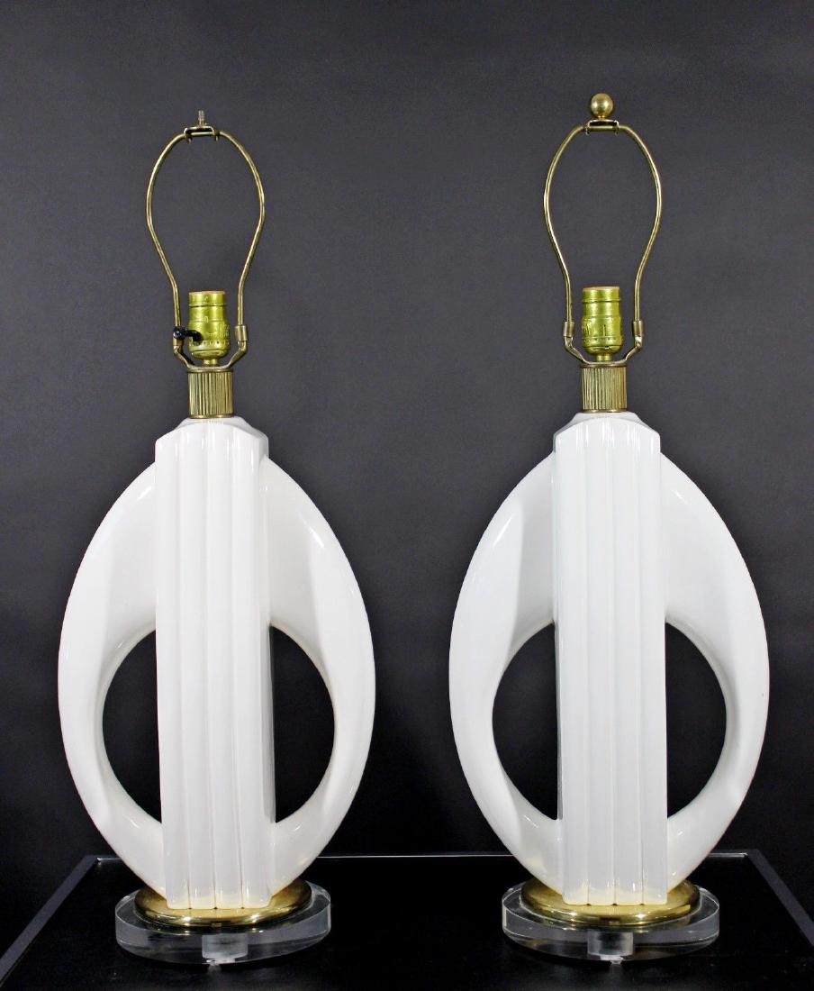 Pair White Ceramic Brass Lucite Table Lamps Springer (1 of 3)