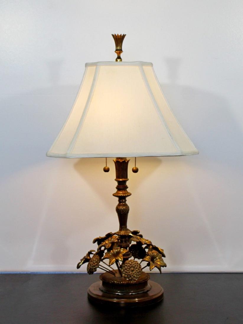 Bronze Floral Table Lamp Original Finial Shade Marbro: For your consideration is a beautiful, bronze table lamp, with ornate floral details, in the style of Marbro, with original shade and finial. In excellent condition. The dimensions of the lamp are 9"