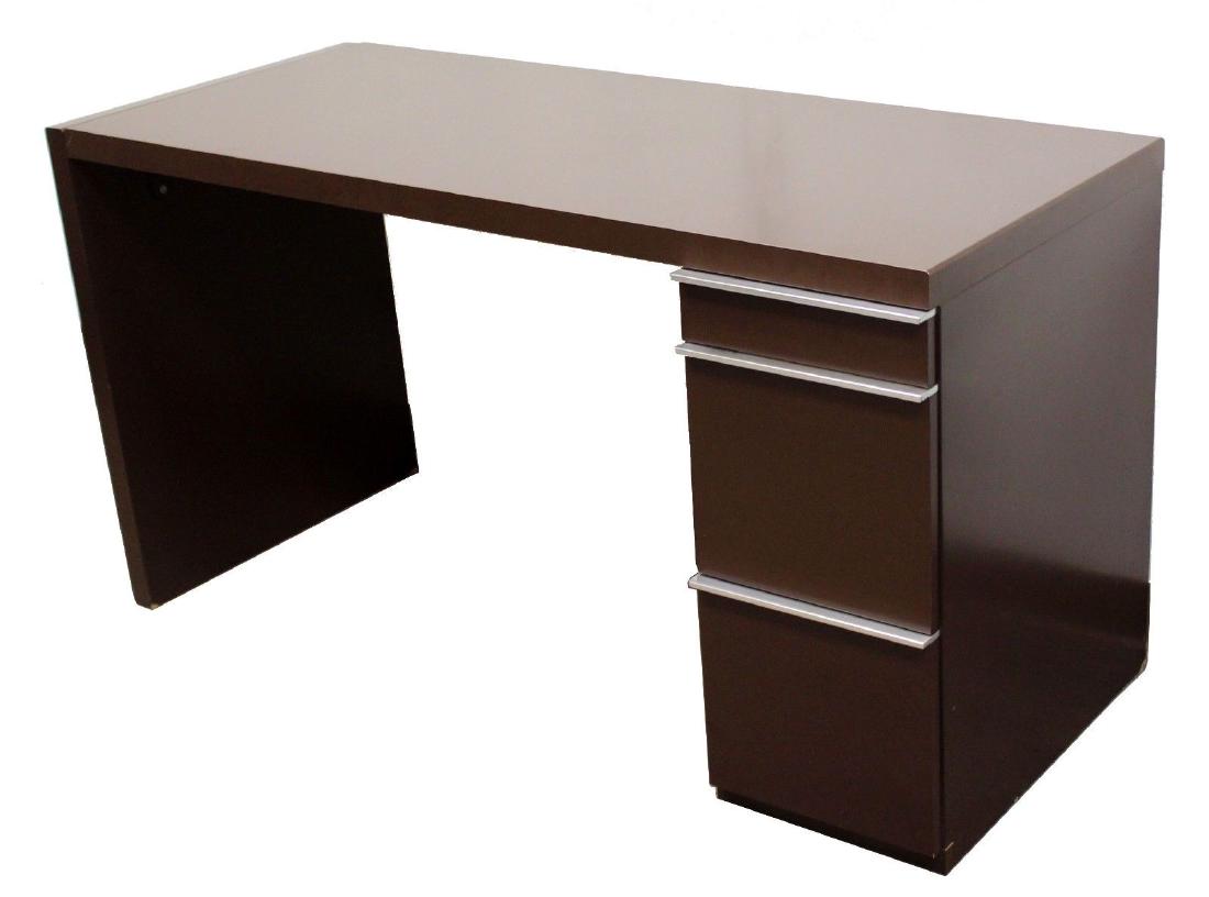 Interlubke West Germany Brown Formica Desk 3 Drawer: For your consideration is an industrious, brown formica desk, with three drawers, by West German company Interlubke, circa the 1960s. In excellent condition. The dimensions are 55" W x 24" (2') D x 29