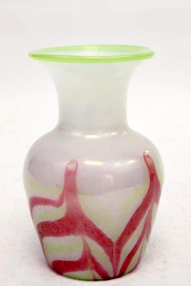 European Fenicio Iridescent Pink Green Art Glass Vase: For your consideration is a gorgeous, European Fenicio vase with a shimmering pink design and green rim. In excellent condition. The dimensions are 9" H x 7" Dia.