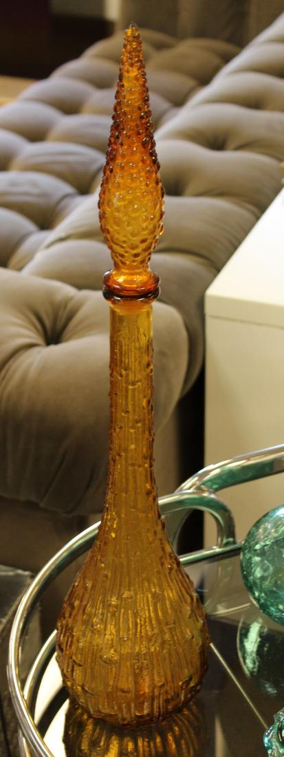 Tall Itallian Yellow Glass Bottle: For your consideration is a lovely mid century elegant venetian textured art glass vessel with stopper measuring 5" in diameter and 22" high