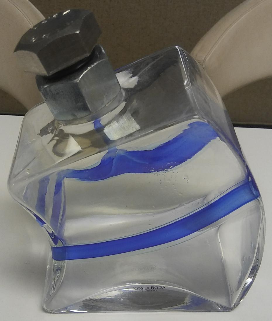Kosta Boda Short Glass Decanter Blue: For your consideration is a thick glass decanter by Kosta Boda. The dimensions are 5" W x 3" D x 6.5" H.