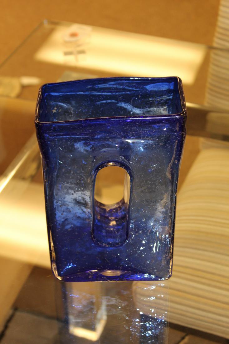 Retro Blue Glass Art Vase Vessel Rectangular: For your consideration is a blue, thick glass table sculpture vase. The dimensions are 6" W x 3" D x 10" H.