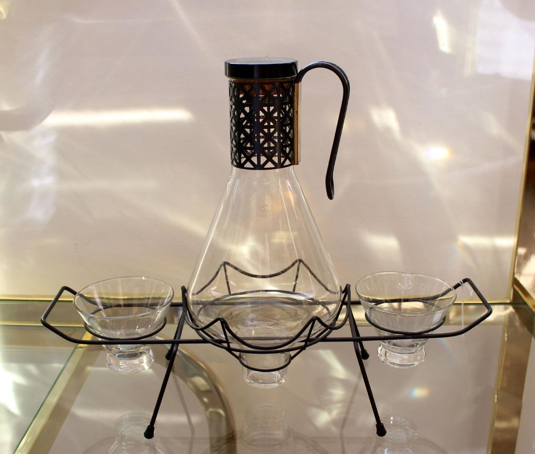 Retro Coffee Creamer & Sugar Glass Set 1960s: For your consideration is a fantastic, glass set, including a carafe and vessels for cream and sugar, circa the 1960s. The dimensions are 17" W x 7" D x 14" H.