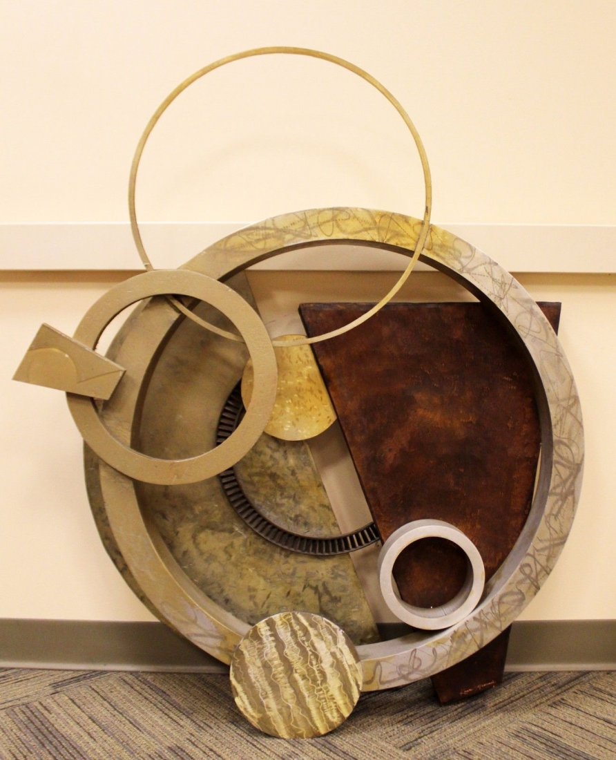 American Motor Brutalist Metal Sculpture Karen Musmeci: For your consideration is a patinaed metal sculpture by the artist Karen Musmeci that once hung in Detroit's own Motor City Casino! With the used of different treatments and textures on each welded pi