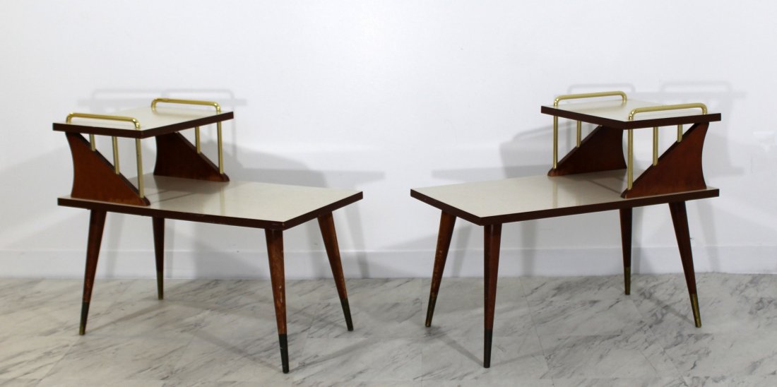 Pair of Retro Brass Accent Side End Tables: For your consideration is a gorgeous pair of retro side end tables. The dimensions are 27.5" W x 16" D x 23" H.