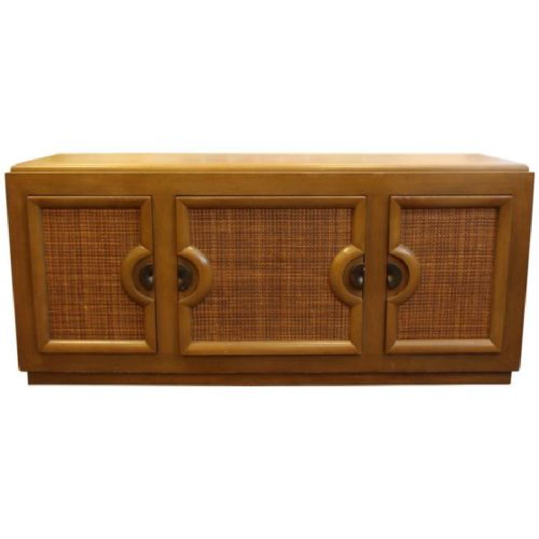 Mid Century Modern Paul Laszlo Credenza Cane & Wood: For your consideration is a phenomenal, wood and cane credenza, with three doors and four drawers, Paul Laszlo for Brown Saltman, circa the 1950s. In great condition. The dimensions are 72" (6') W x 1