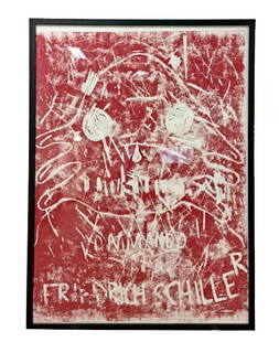 Contemporary Framed Linoleum Print Signed Andre Butzer: For your consideration is a framed Linoleum Print of Andre Butzer's "Kommando Friedrich," signed, numbered 1/5 and dated 2004. In excellent condition. The dimensions are 63" W x 85" H. Butzer born 197