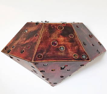 Mid Century Modern John Torreano Wooden Diamond: For your consideration is a piece by famed artist John Torreano which is a wooden diamond shaped wall sculpture with distressed finish and multi colored jewels. In excellent condition. Dimensions on t