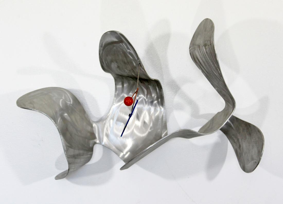 Contemporary Sign Metal Kinetic Sculpture Jon Krawczyk: For your consideration is a lovely, abstract, metal art sculpture, to be hung on the wall, signed and dated by John Krawczyk, circa 1995. In excellent condition. The dimensions are 22" W x 15" D x 11"