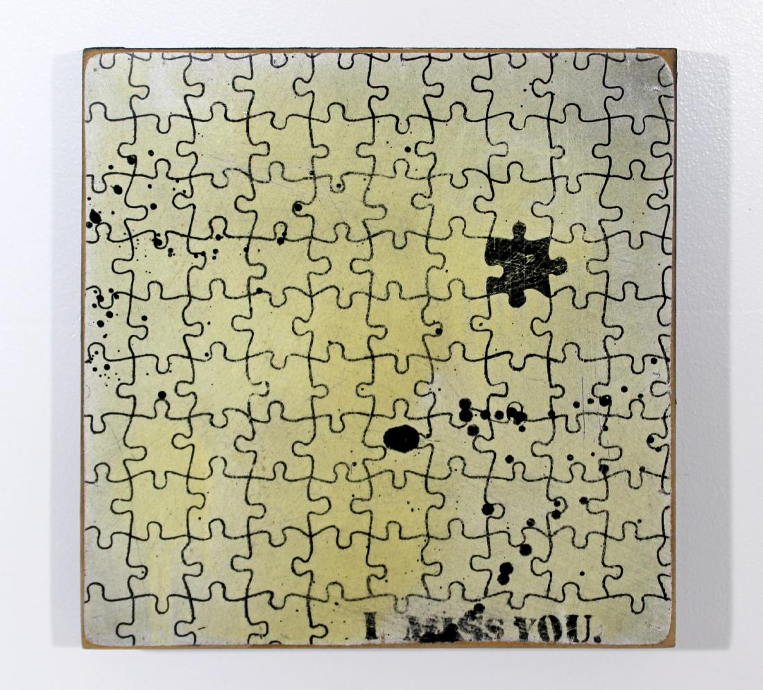 Denial AKA Daniel Bombardier I Miss You Signed 2011: "I Miss You", 2011 is a signed spray paint on wood panel. This piece measures 12" x 12" x 2". DENIAL is a Canadian Artist whose work critiques consumerism and the human condition. Though based in Wind