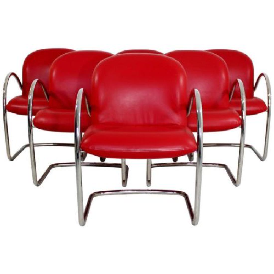 Mid Century 6 Brueton Chrome Red Leather Dining Arm: For your consideration is a brilliant set of six, red leather and chrome, dining chairs with arms by Brueton. In excellent condition. The dimensions are 22" Sq x 32" H x 18" S.H.