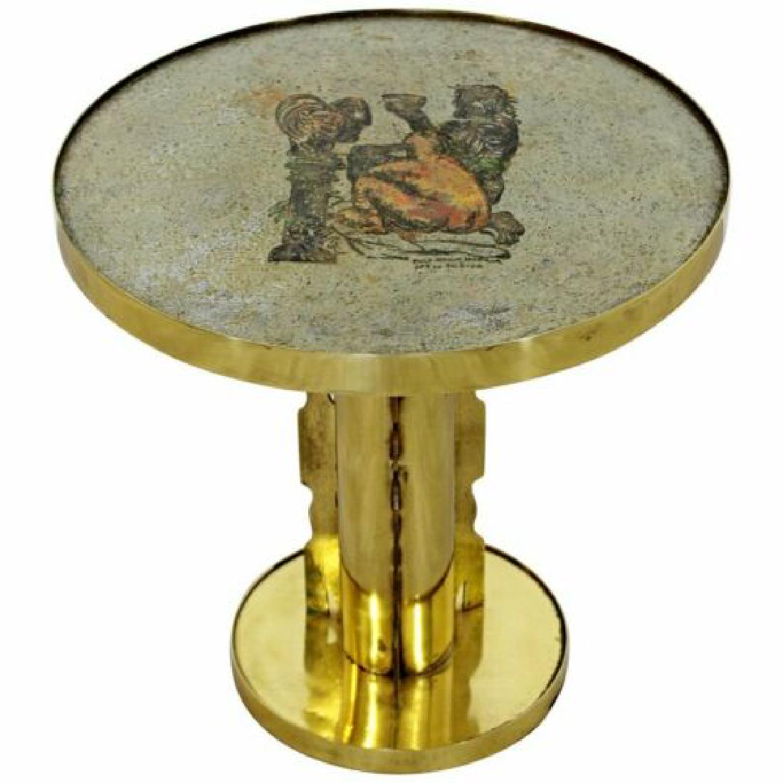 Mid Century Modern Philip Kelvin Laverne Brass Signed: For your consideration is a magnificent, circular, etched side or end occasional table, signed Philip & Kelvin Laverne, circa the 1960s. In excellent vintage condition. The dimensions are 18.25" Dia.