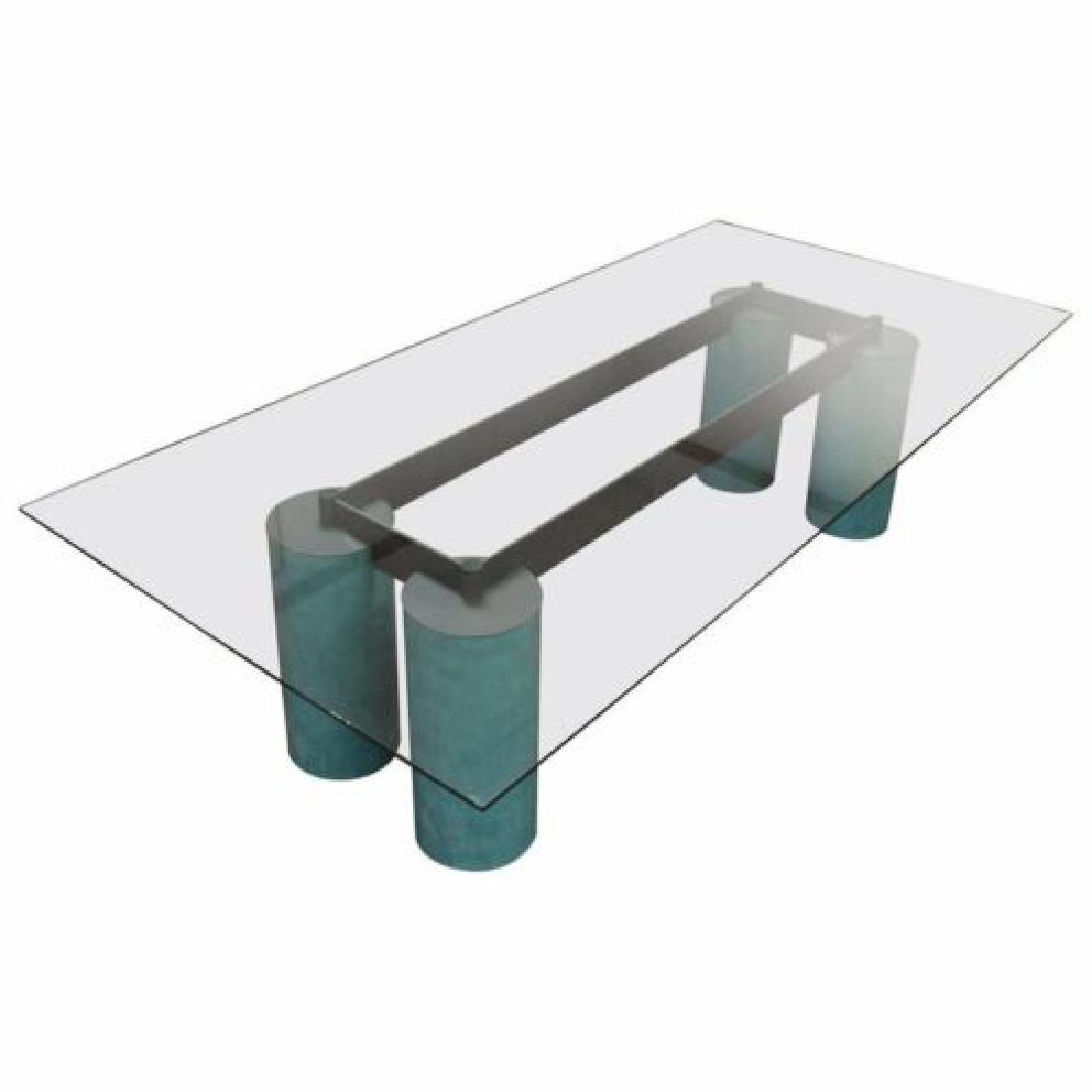 Post Modern Vignelli Serenissimo Cassina Dining Table: For your consideration is an absolutely fabulous, turquoise painted metal and glass Serenissimo dining table, by Massimo Vignelli for Acerbis Italy, circa the 1970s. In very good condition. The dimens