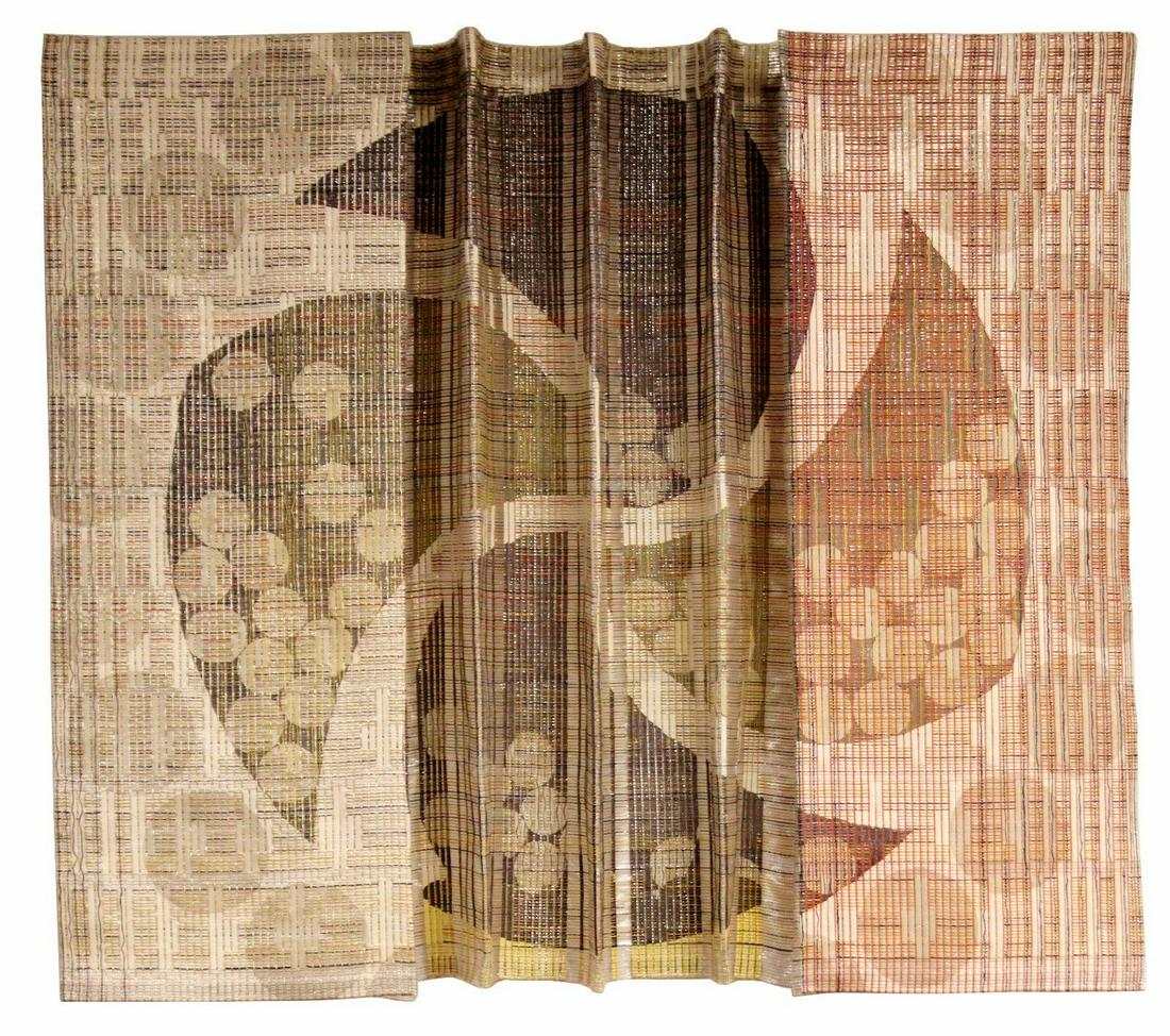 Gerhardt Knodel Textile Hanging Fiber Wall Sculpture: For your consideration is a fabulous piece of textile art, entitled "Theodora's Wrath: Wheel of Chance" and signed on a patch on the back, by Gerhardt Knodel and dated 1984. In excellent condition. Th