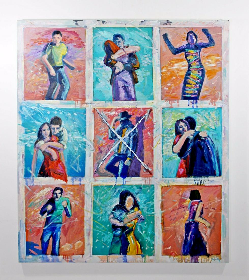 Oil on Canvas Figure Painting Signed Dated Bradley: For your consideration is a nine section painting on canvas, depicting different people in each section. This intriguing piece was signed and dated, on the back, by American artist Bradley Jones in 19