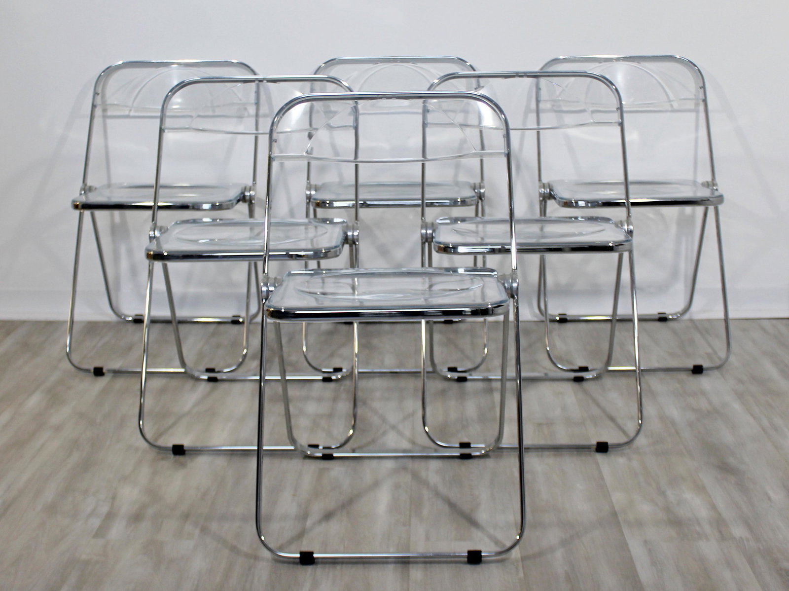 Set 6 Lucite Chrome Folding Side Chairs Italy '60s: For your consideration is a special set of six folding side chairs, made of chrome and lucite, by Castelli, made in Italy, circa the 1960s. In excellent vintage condition. The dimensions are 18.5" Sq 