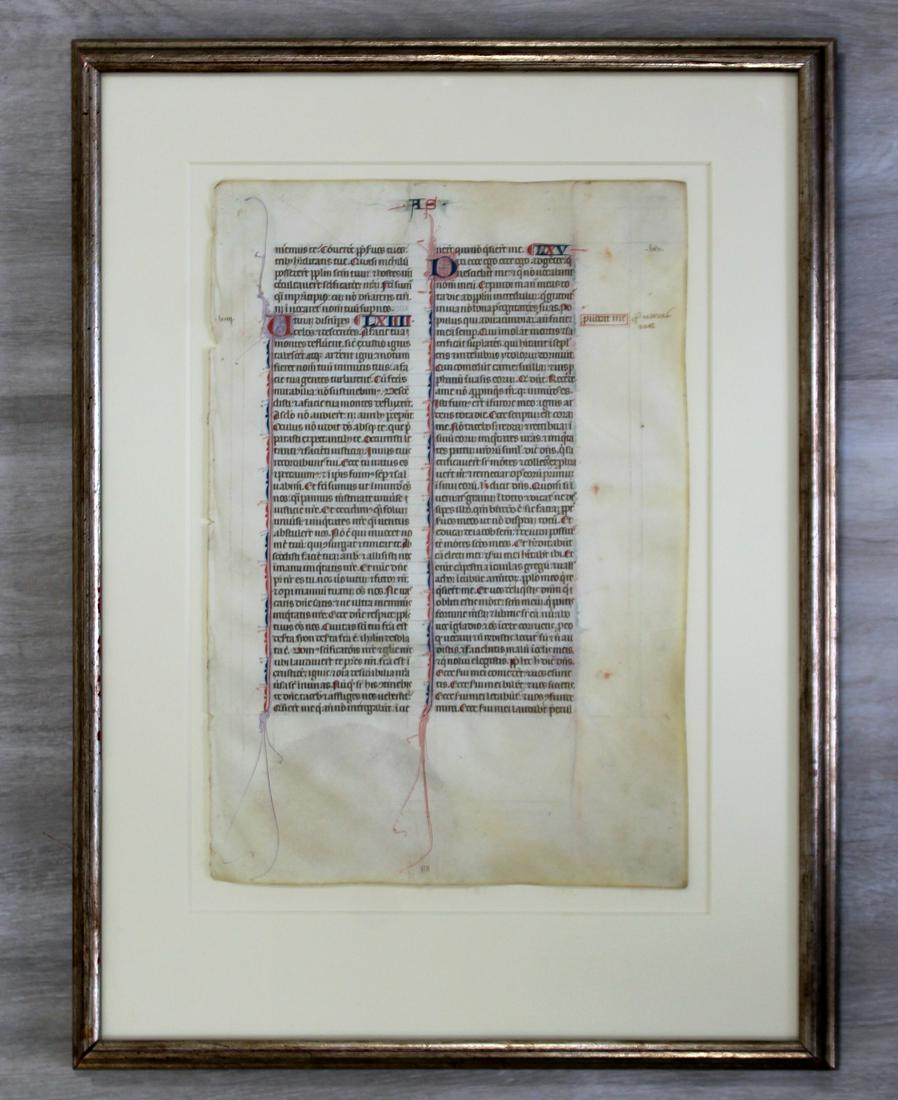 Illuminated 13th Century Parchment Bible Page: For your consideration is an antique illuminated parchment Bible page, 1200 B.C. The page itself is 9" W x 13" H