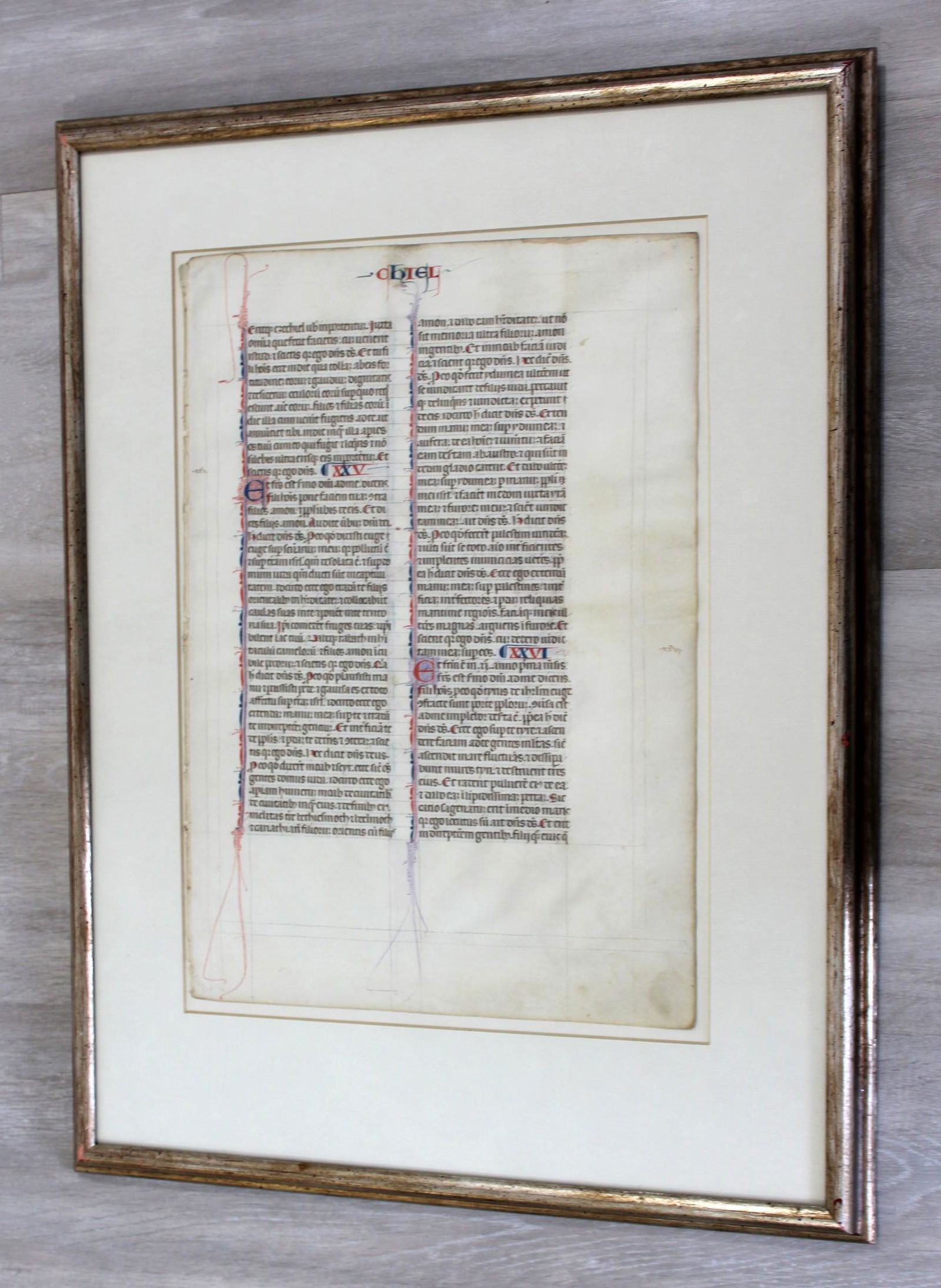 French Bible Page 14th Century Framed: For your consideration is an antique illuminated French Bible page on parchment, 13th century.