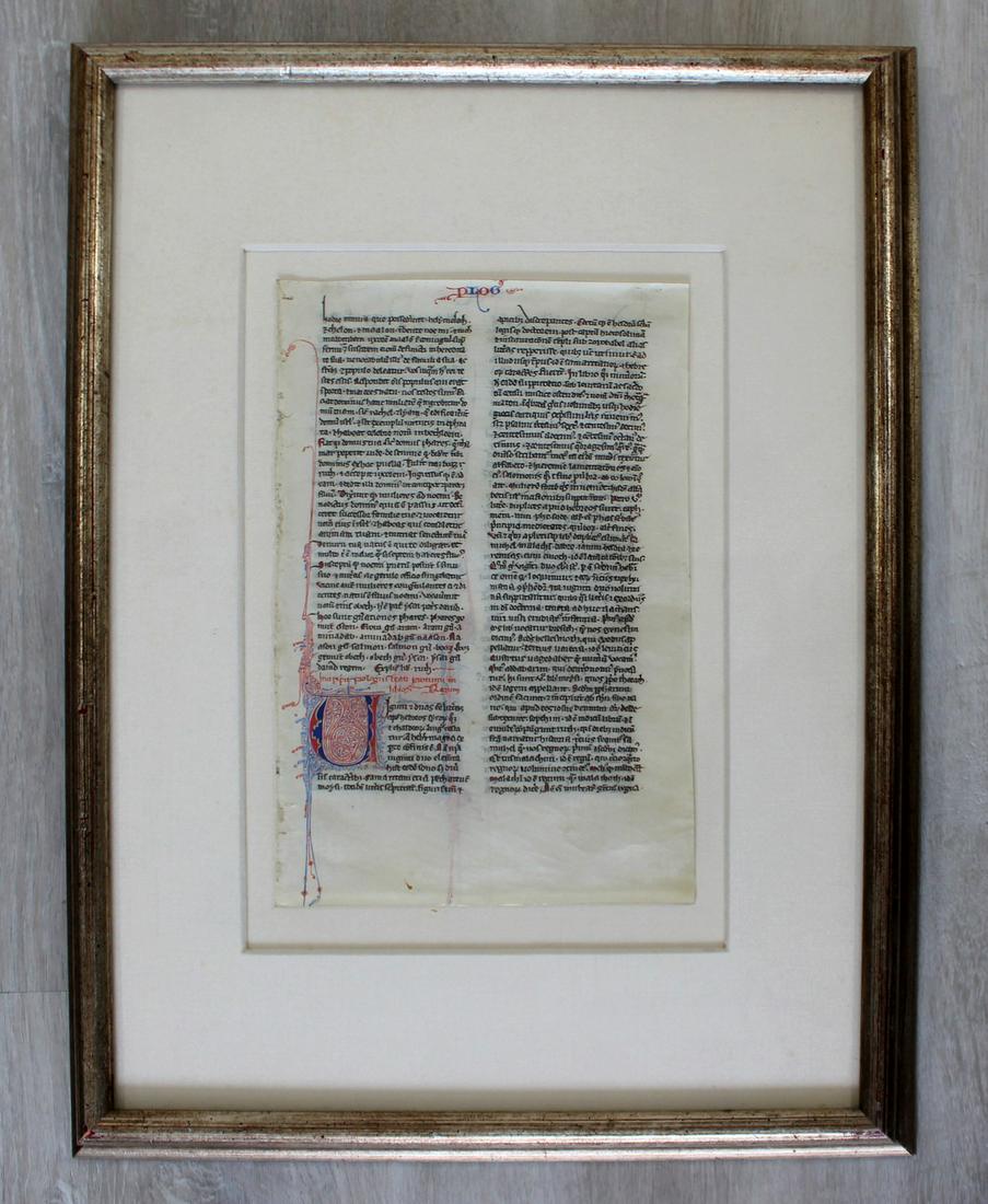 French Bible Page 13th Century Framed: For your consideration is an antique illuminated mauscript page from a French Bible, 13th century.