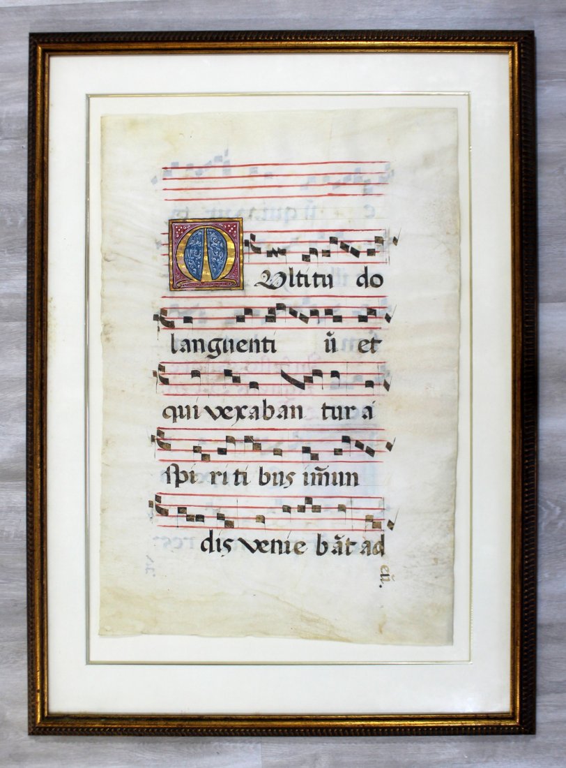 Antiphonal on Vellum Oversized Illuminated Manuscript: For your consideration is an antique Antiphonul musical note on vellum manuscript.