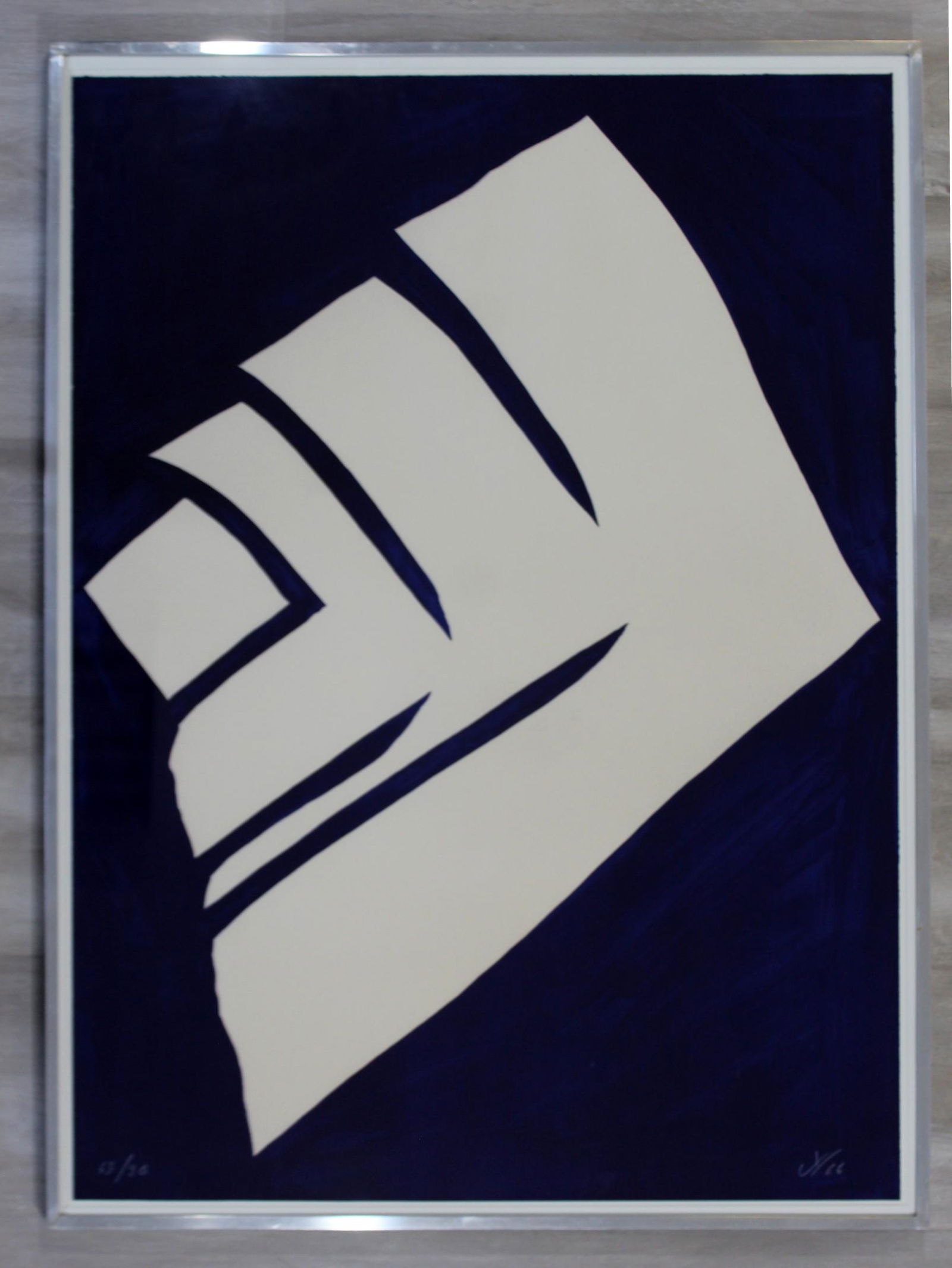 Jack Youngerman Framed Signed White on Blue Litho '66: For your consideration is a framed lithograph of Jack Youngerman's "White on Blue," circa 1966, numbered 63/90.