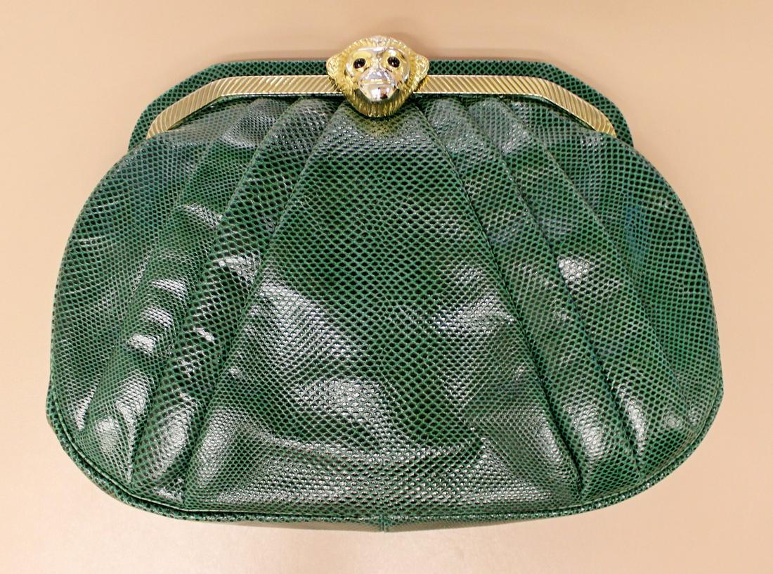 Judith Leiber Green Leather Monkey Head Clasp Purse: For your consideration is this gorgeous and rare, Judith Leiber clutch purse, with a jeweled monkey clasp.