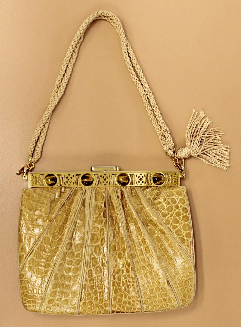Judith Leiber Mustard Beige Python Tiger Eye Purse: For your consideration is this stunning, vintage, leather purse, with Tiger Eye Stones by Judith Leiber.