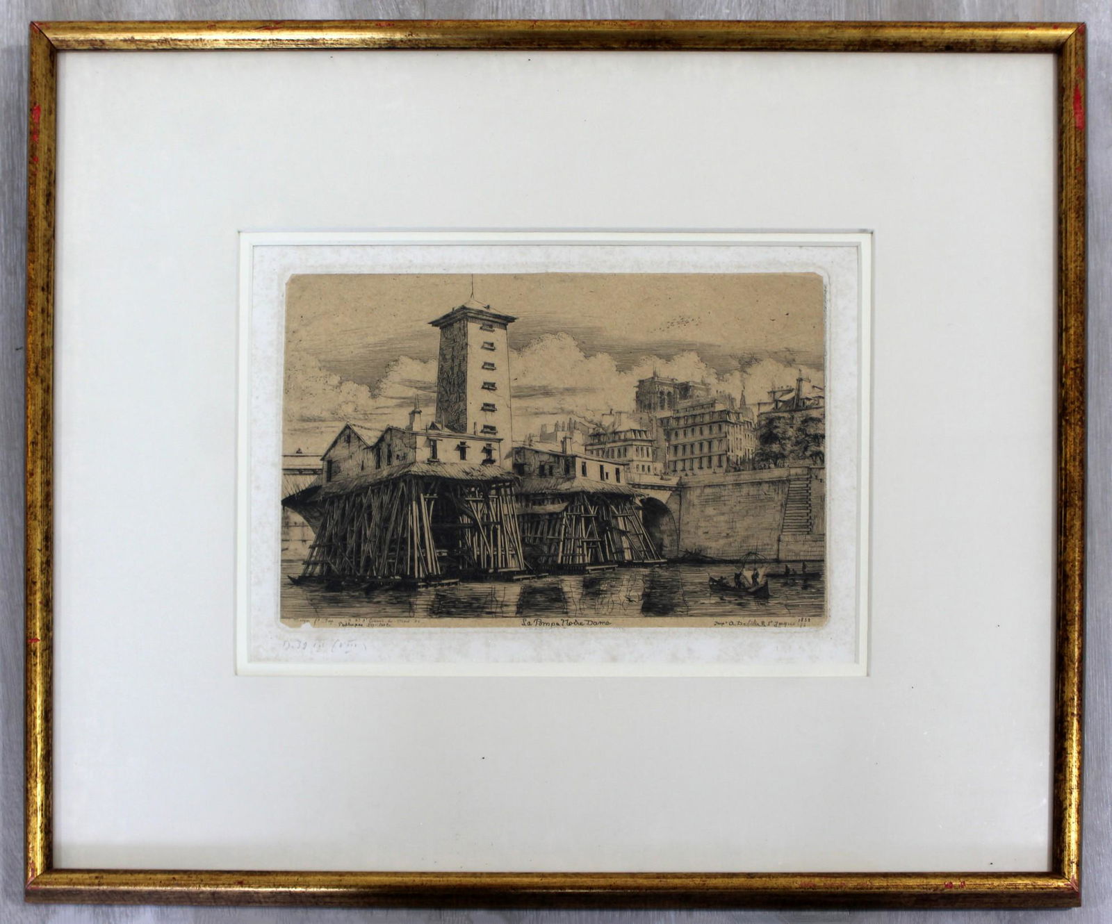 Charles Meryon La Pompa Notre Dame 1852 Etching Framed: For your consideration an etching titled La Pompa Notre Dameby Charles Meryon