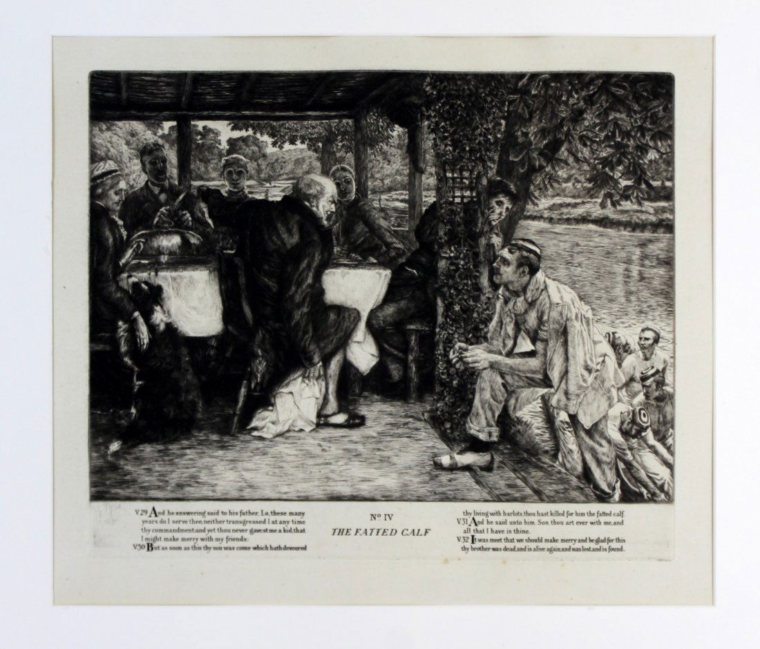 James Tissot "The Fatted Calf" 1881 Unframed Signed: For your consideration is an unframed, signed etching of James Tissot's "The Fatted Calf," 1881.