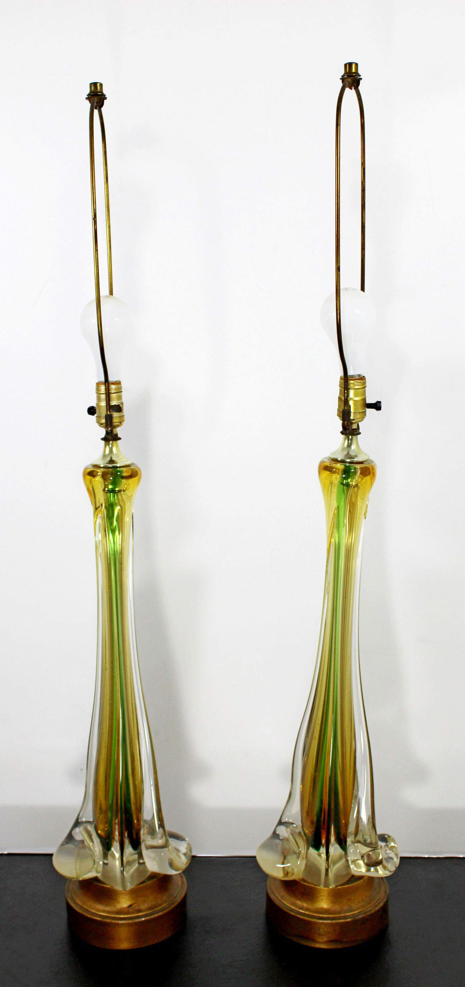 Murano Seguso Glass Pair Yellow & Green Table Lamps: For your consideration is a stunning pair of Murano Seguso glass table lamps from Italy. In excellent condition. The dimensions are 7" W x 6" D x 42.5" H.