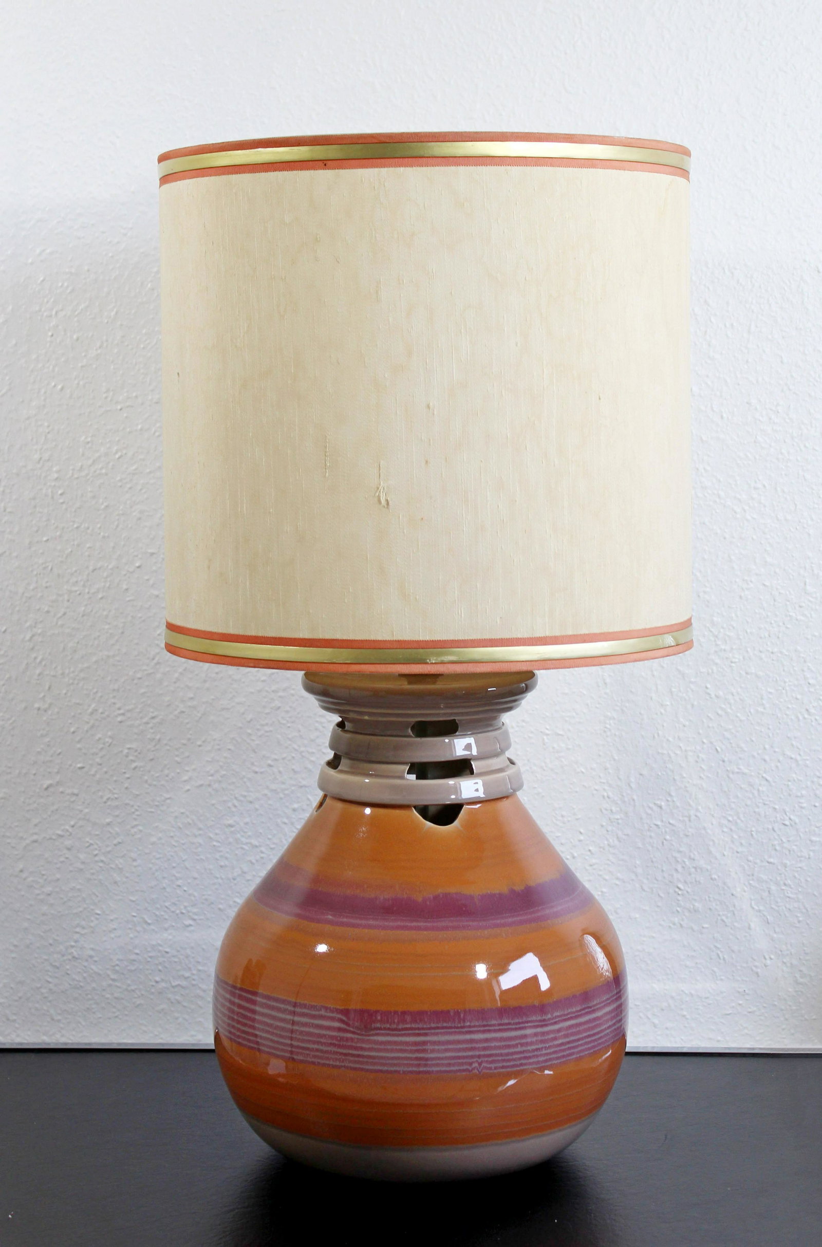 Modern Purple Peach Ceramic Table Lamp Orig. Shade &: For your consideration is a pretty, purple and peach, ceramic, table lamp with its original shade and finial. In excellent condition. The dimensions of the shade are 15" Dia x 14" H and the dimensions